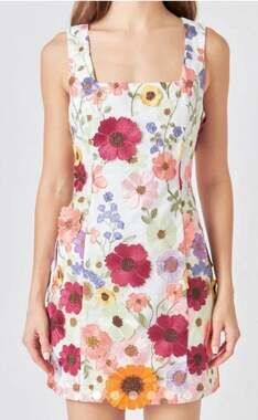 Endless Rose 3D Floral Embroidered Sleeveless Mini Dress White Size S